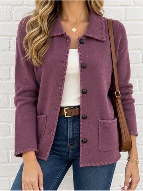Vintage 90s Bridgewater Classics 100% Wool Purple Cardigan Jacket M